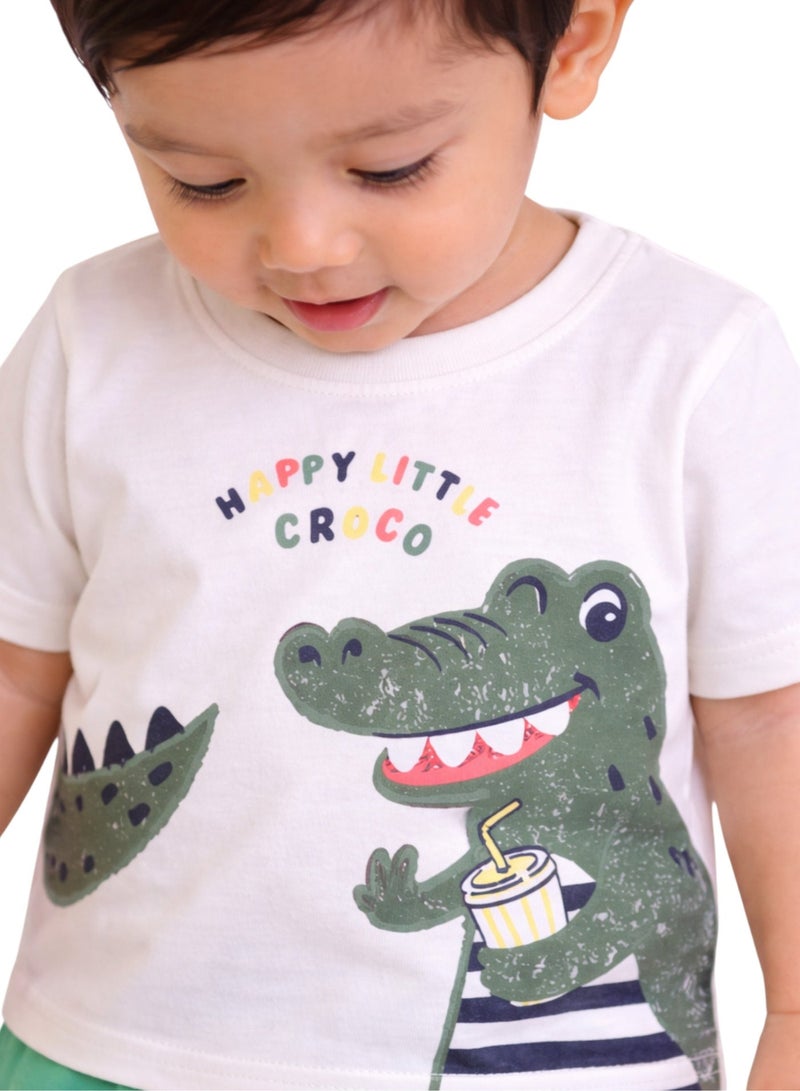 victor and jane Boys Dinosaur Print Cotton T-Shirt & Shorts Set – Summer Daywear - Image 2